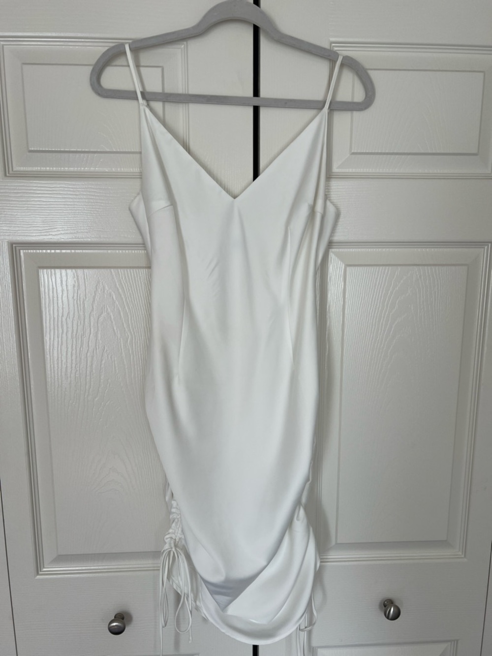 Tiger Mist White Satin Mini Dress with Side Ruching
